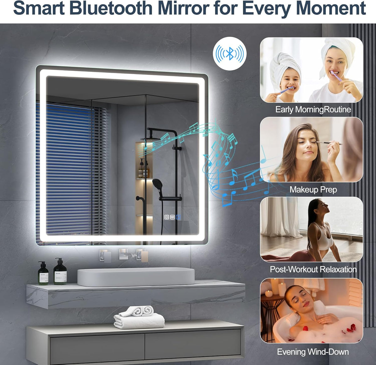 S'bagno Espejo-Baño-con-Luz 120x70cm, Espejo-Baño-LED-Bluetooth con Función Antivaho, 3000K/4000K/6500K, Regulable, Memoria, Cristal Templado HD, IP44-Espejos-de-Baño-con-LED, Horizontal/Vertical