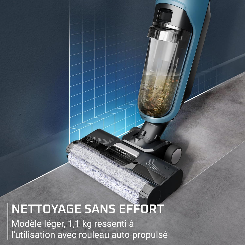 Rowenta X-Clean2, Aspirateur Laveur sans Fil, Nettoyage 2-en-1, Modes ECO/Max, Léger, Nettoyage Le Long des Murs, Auto-Nettoyage, GZ2271E0, Bleu