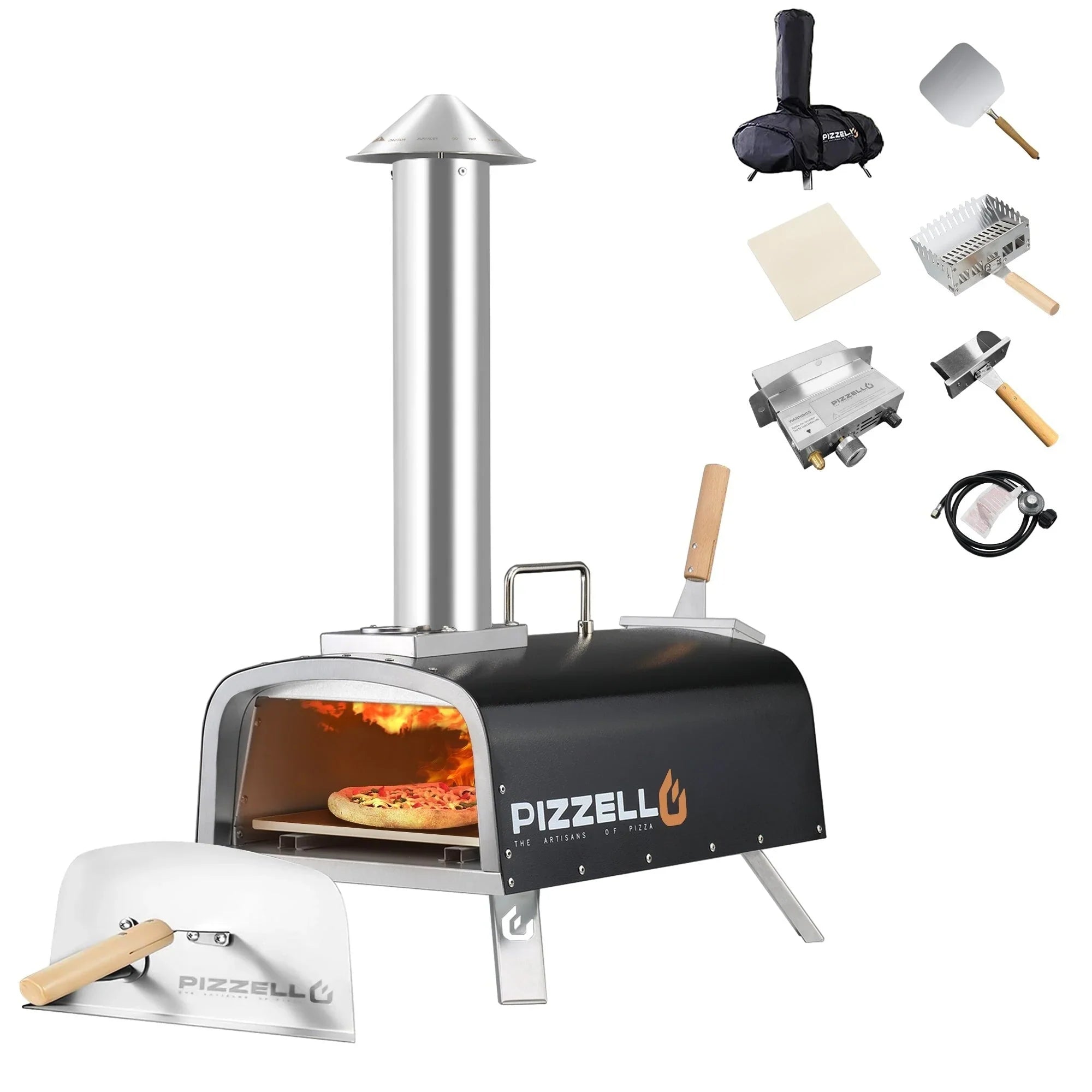 Four à Pizza Extérieur Multi-Combustibles avec Brûleur à Gaz et Boîte à Bois - 12 pouces