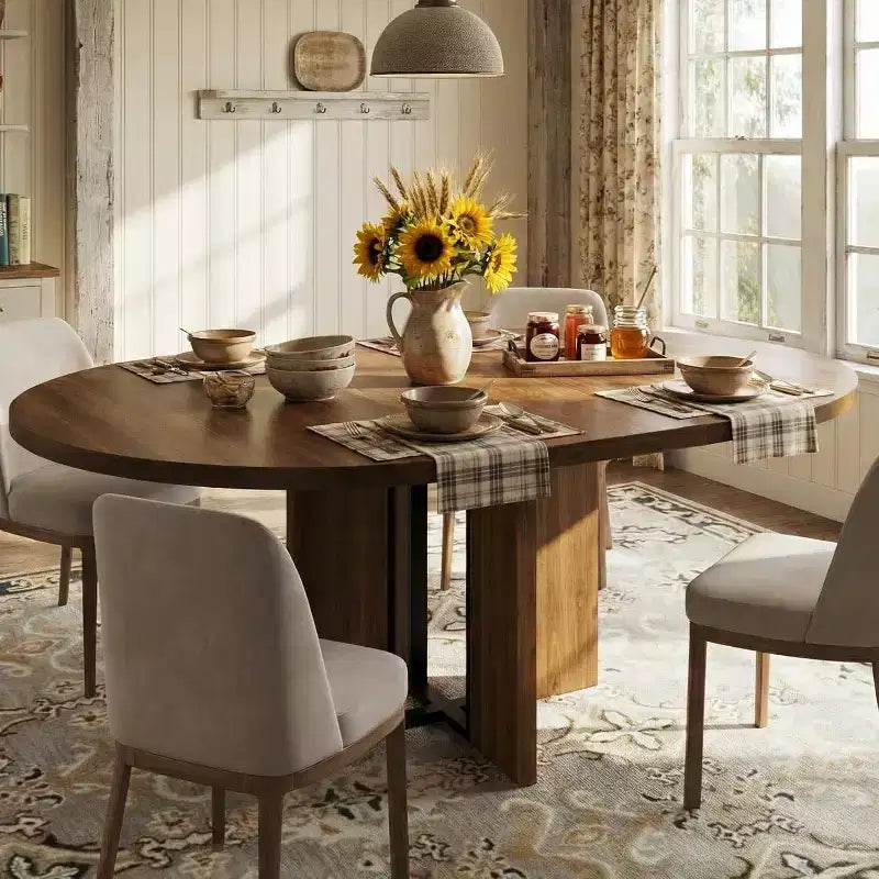 Table à manger ronde extensible 47-63 pour 4-8 personnes, table de cuisine extensible en bois de style ferme avec cadre métallique, ovale peu encombrante pour appartement, gris rétro