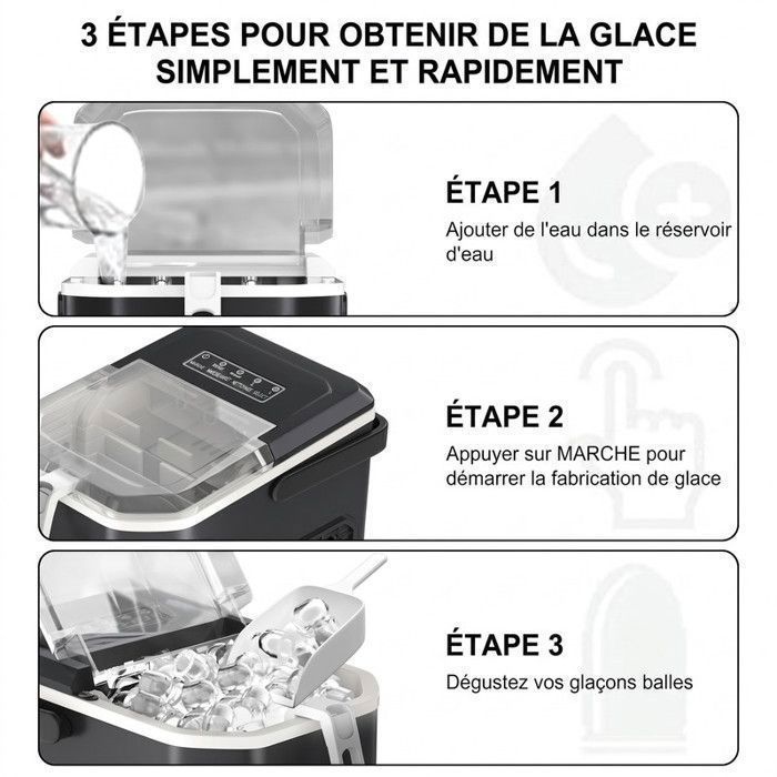 LOEFME Machine à glaçons 1.2L-9 Glaçons en 6 min 12kg/24h- autonettoyante silencieuse, deux tailles de glace，Avec support