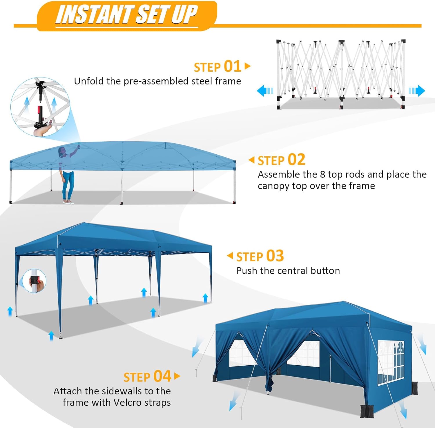 HOTEEL Tonnelle Pliante 3x6m étanche et Stable – avec 6 parois latérales, Construction en Une poussée, 8 Barres Pare-Vent – Tente de fête pour Mariage, Camping(Bleu)