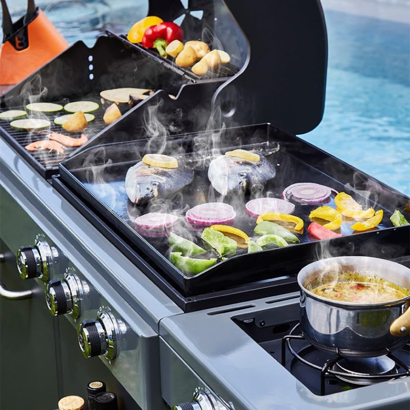 - Barbecue Bi-Energy Gun Metal XL - Barbecue Charbon et Plancha 60 x 42 cm à gaz avec brûleur latéral -12,95 KW