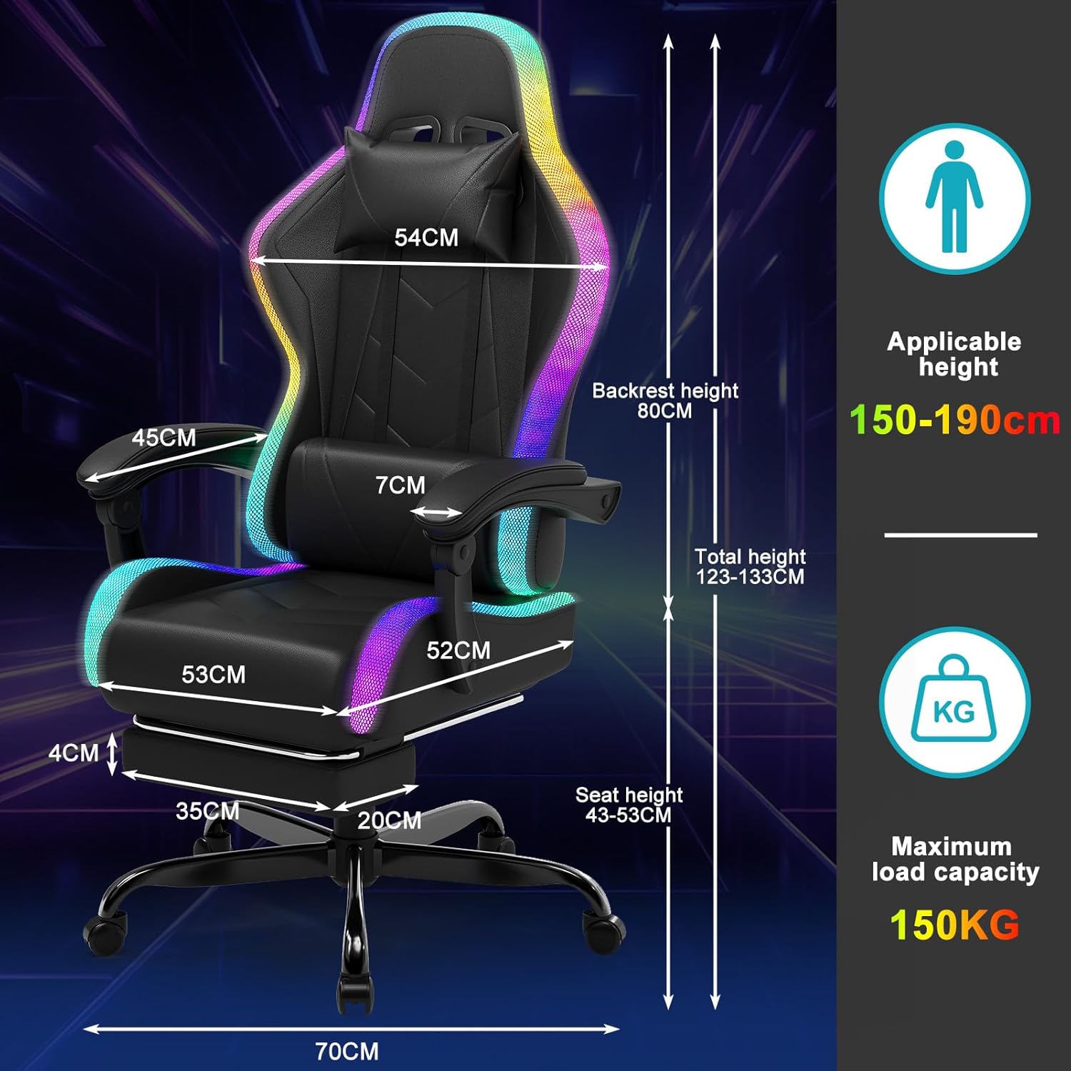 Devoko Chaise Gaming Ergonomique avec LED RGB, Massage Lombaire & Repose-Pieds – Fauteuil Gamer avec Appui-tête réglable – Dossier inclinable & Hauteur Ajustable – 180 kg – Noir