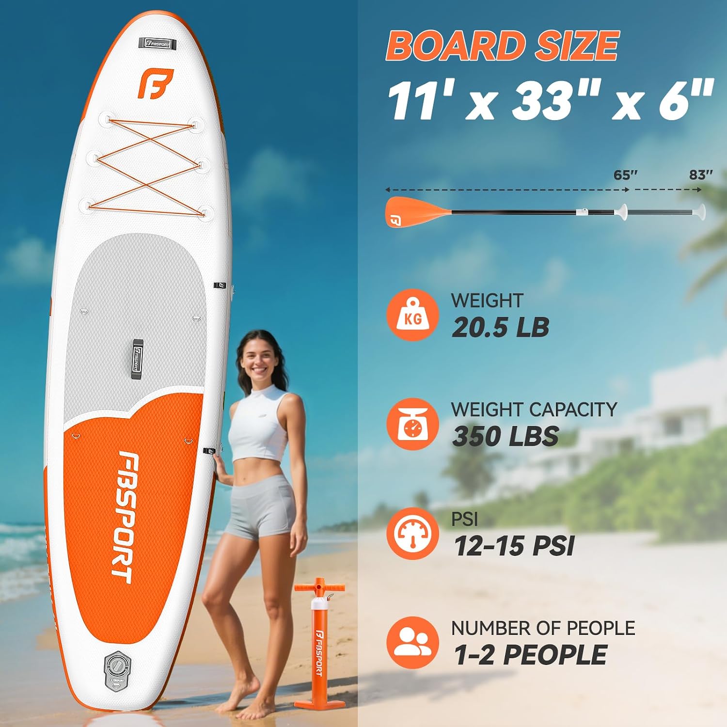 FBSPORT Paddle Gonflable Adulte 335 cm, Planches de Stand Up Paddle, 160kg de Capacité de Charge avec Pont Anti-dérapant, Set Complet avec Pagaie, Pompe, Sup Board pour Yoga, Surf en Voyage