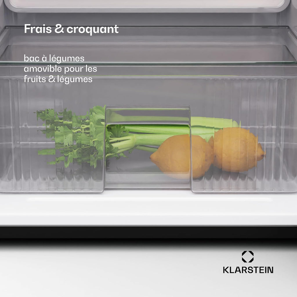 KLARSTEIN Big Daddy Cool - Frigo réfrigérateur, réfrigérateur combiné, Compartiment bouteilles, Bac légumes, Eclairage intérieur, Look moderne, Nettoyage facile, Pieds réglables, 86 L - Argent