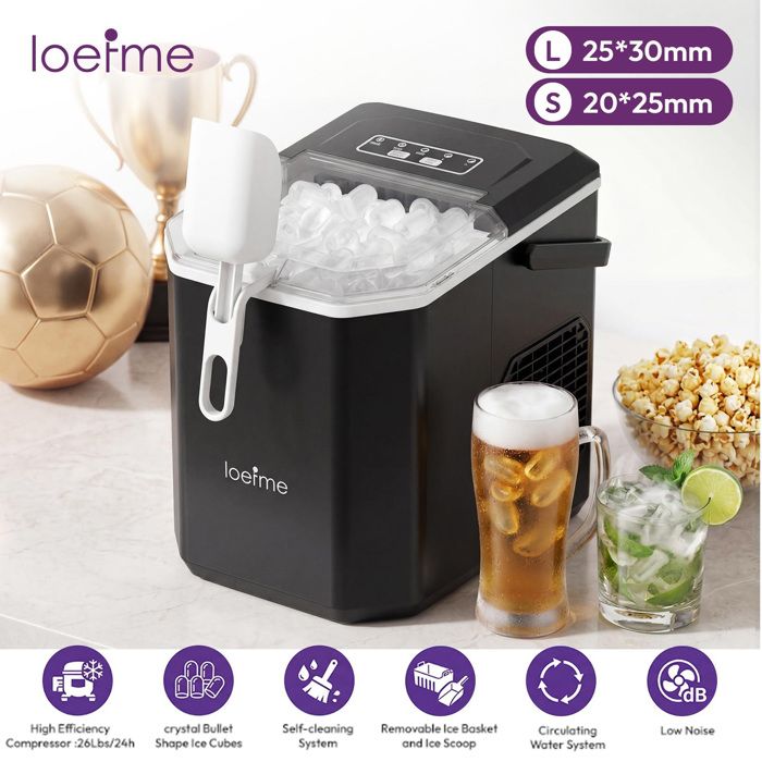 LOEFME Machine à glaçons 1.2L-9 Glaçons en 6 min 12kg/24h- autonettoyante silencieuse, deux tailles de glace，Avec support