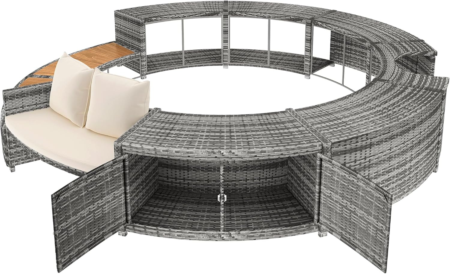 Spa Piscine Salon de Jardin Bordure de Piscine PE Gris Rotin et Bois d'acacia avec Espace de Rangement Salon Salon pour Jacuzzi et Piscine