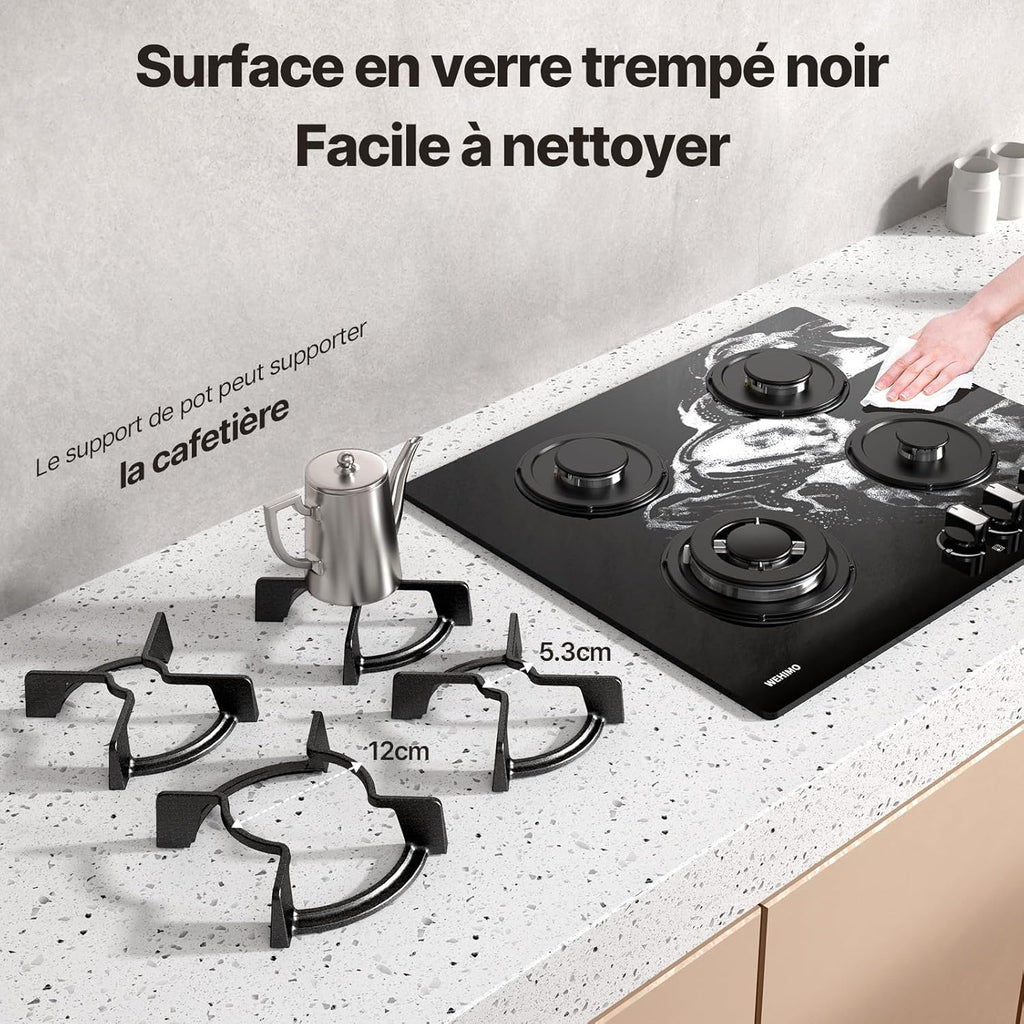 Plaque de Cuisson Gaz 4 Feuxs, Plaque Gaz 4 Feuxs Encastrable, Table de Cuisson 60cm, Grille Fonte, 7800W, Gazs Ville et Bouteille, Verre Noir