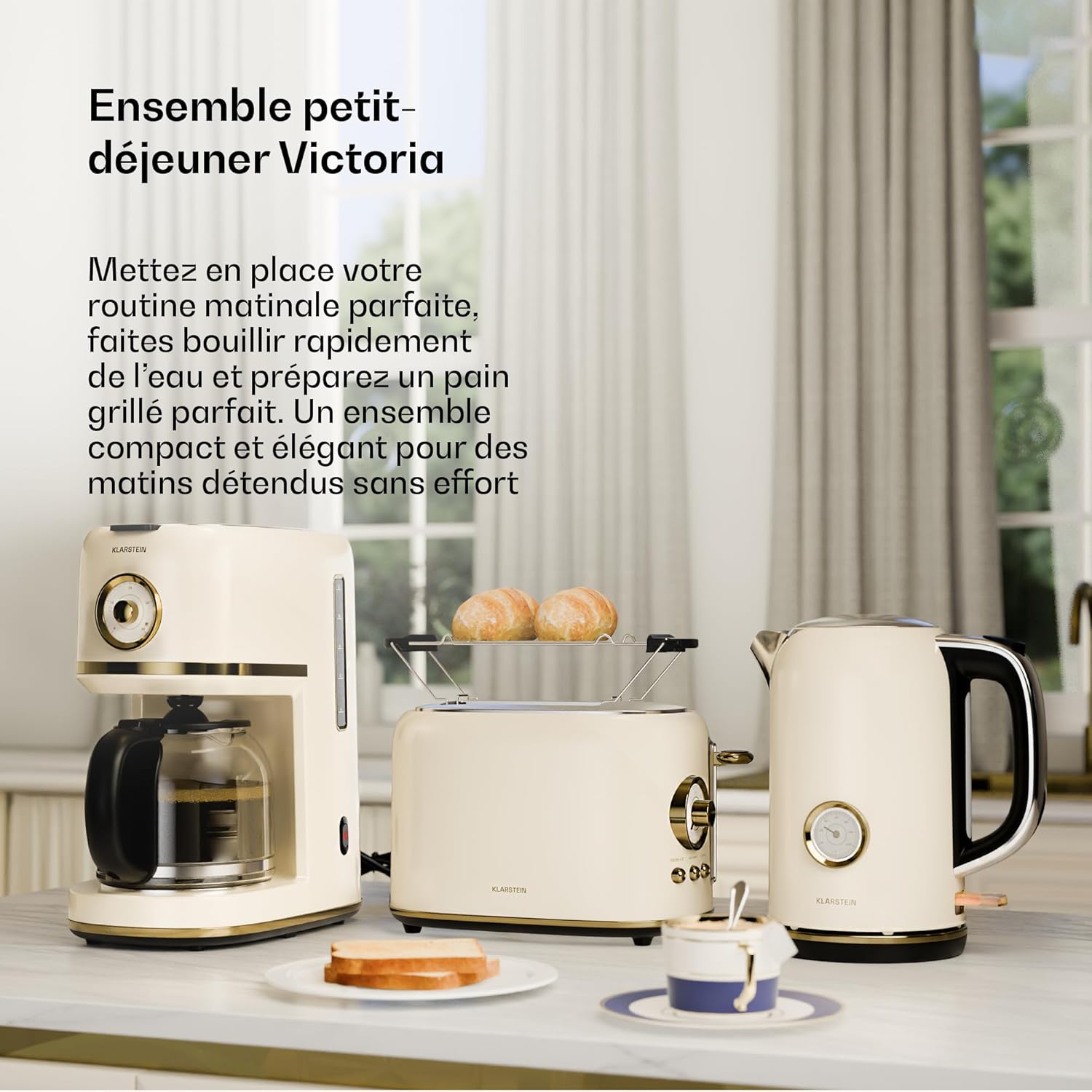 Klarstein Victoria Set Petit-Déjeuner Complet – Grille-Pain 2 Fentes 7 Niveaux, Bouilloire Électrique 1,7L, Cafetière Filtre 12 Tasses, Design Rétro, Support à Petits Pains, Cream