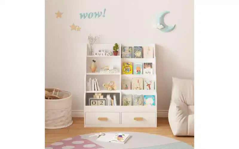 Étagère à livres pour enfants avec 2 tiroirs de rangement, bibliothèque frontale et organisateur de jouets, blanc