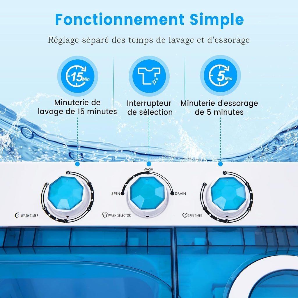 RELAX4LIFE Mini Machine à Laver à 2 Cuves Capacité 8,5 KG, Lave-Linge Semi-Automatique avec Minuteur & Essoreuse, Lave-Linge Portable Compact pour Appartement Dortoir Maison (Bleu | 8,5 KG)