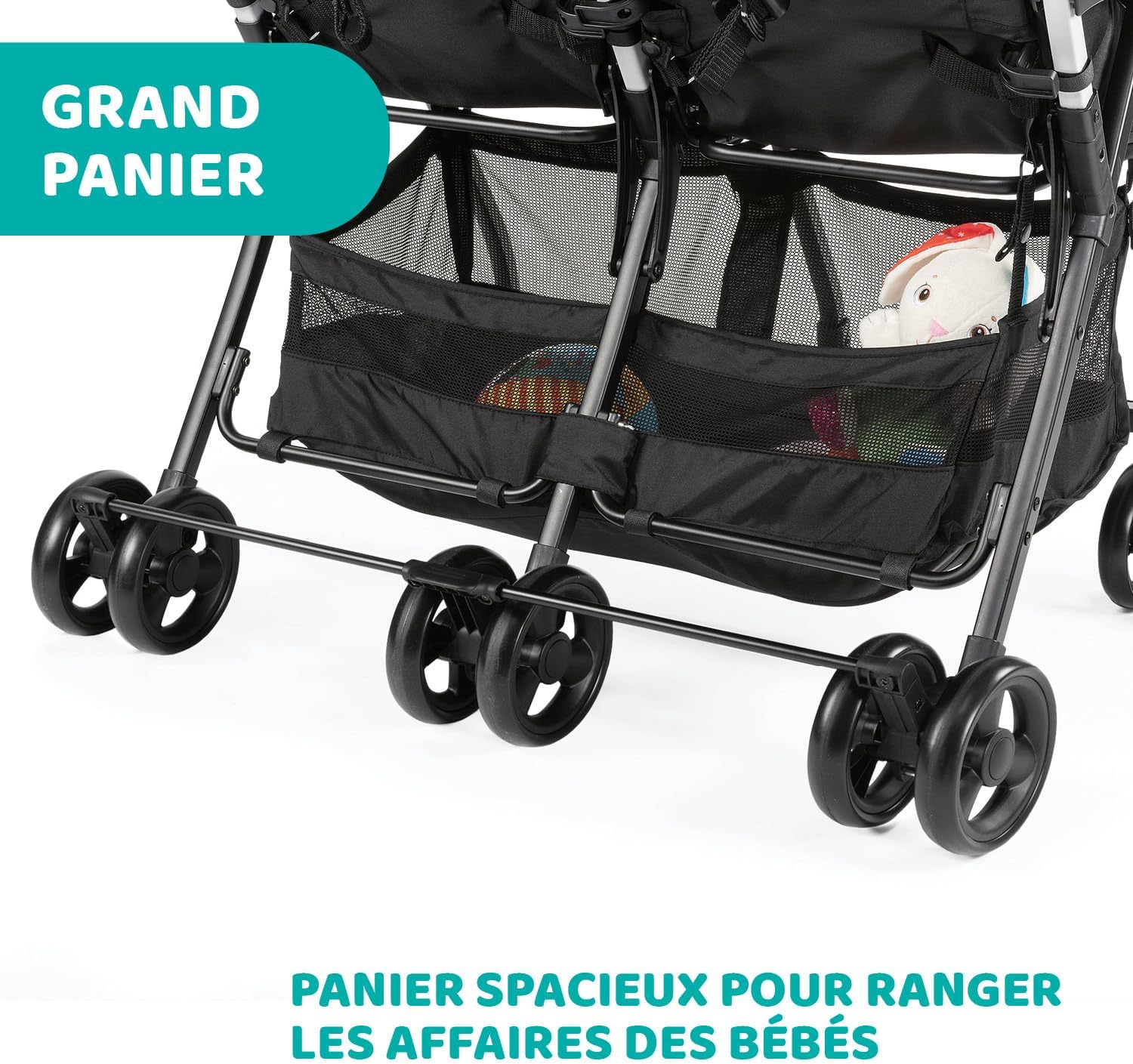 Chicco OHlalà Poussette Double Tandem, Légère Inclinable et Pliable, pour Jumeaux dès la Naissance jusqu'à 15 kg, Fermeture Compacte, Housse de Pluie Incluse, Capote Extensible – Noir