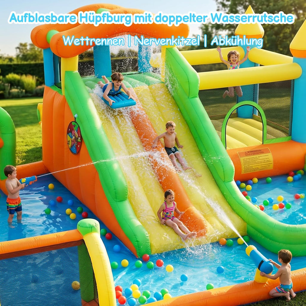 FOOING Grand toboggan aquatique gonflable avec 2 toboggans et pataugeoire pour enfants – Château rebondissant avec deux voies pour les fêtes de jardin et de cour, plaisir d'été en plein air