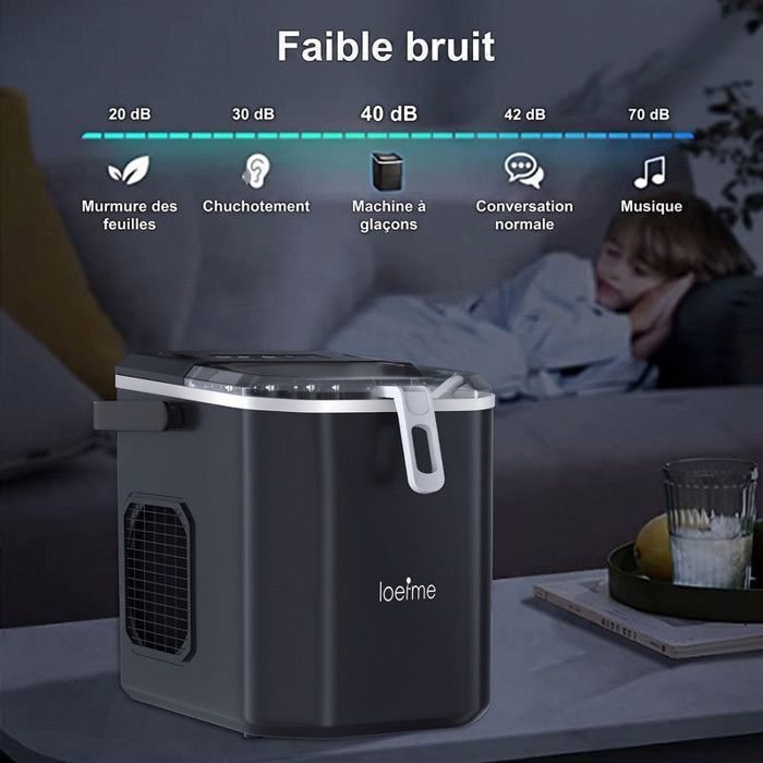 LOEFME Machine à glaçons 1.2L-9 Glaçons en 6 min 12kg/24h- autonettoyante silencieuse, deux tailles de glace，Avec support
