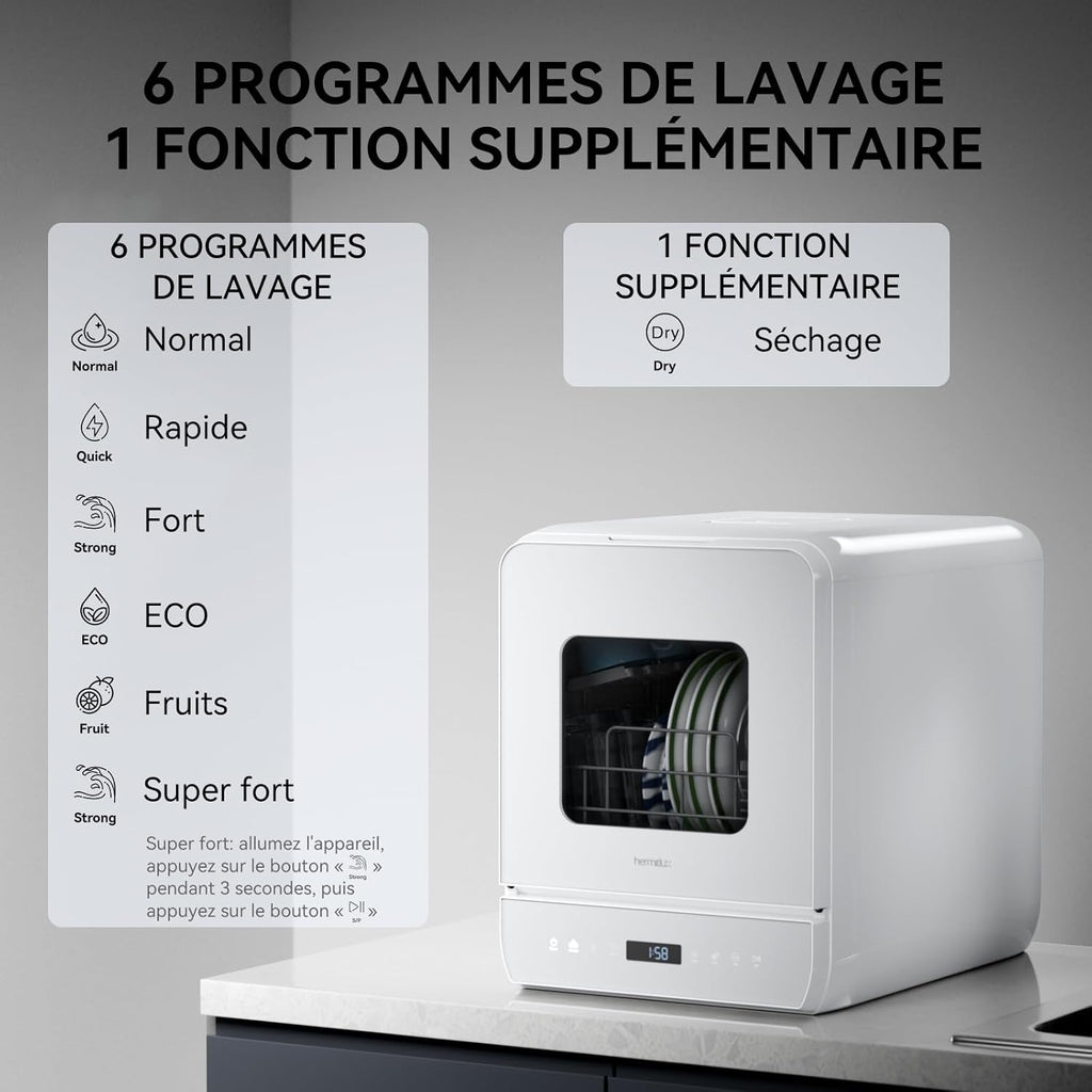 Mini lave-vaisselle de table, 6+1 Programmes de lavage, 5 Couverts et réservoir d'eau de 5L