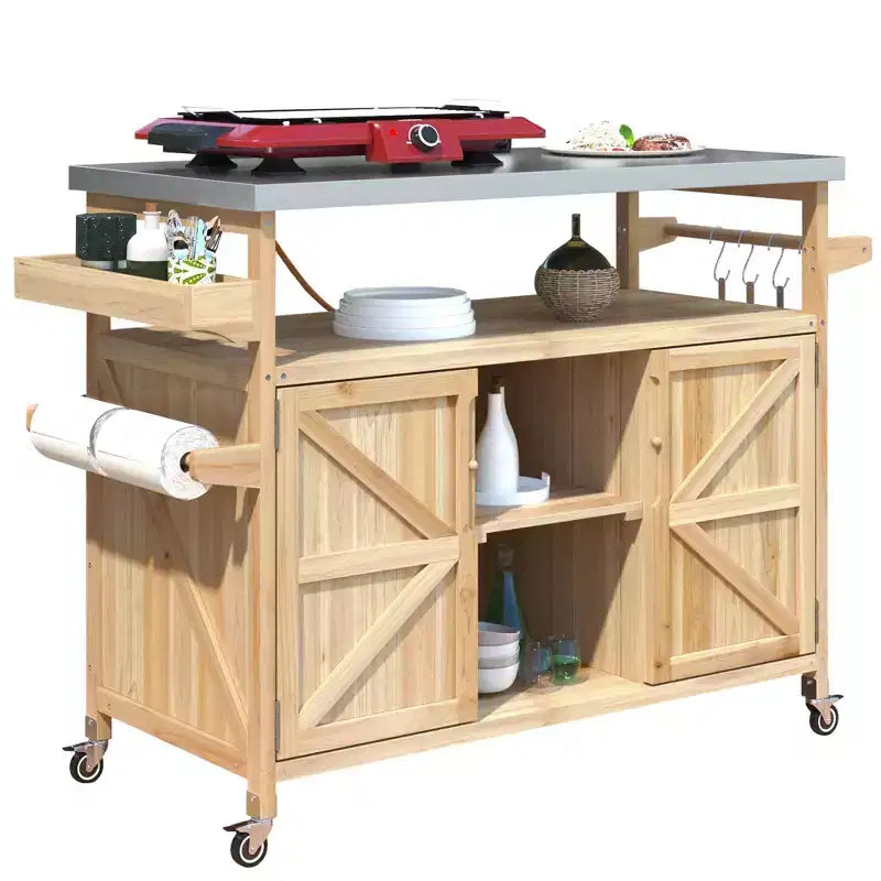 Okak Outdoor Kitchen Island with Stainless Steel Top, Wooden Kitchen Cart with Doors, Shelves and Spice Rack, Rolling Kitchen Island