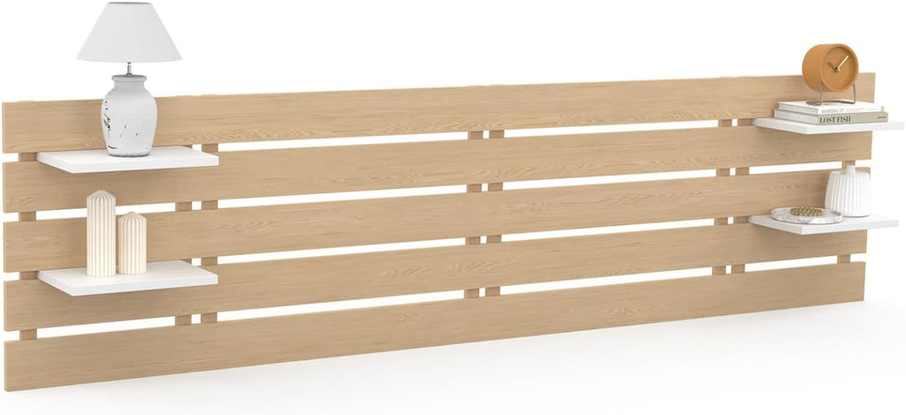 IDMarket - Tête de lit Suspendue 5 Larges Lattes Nina 240 cm Bois Clair et étagères Blanches