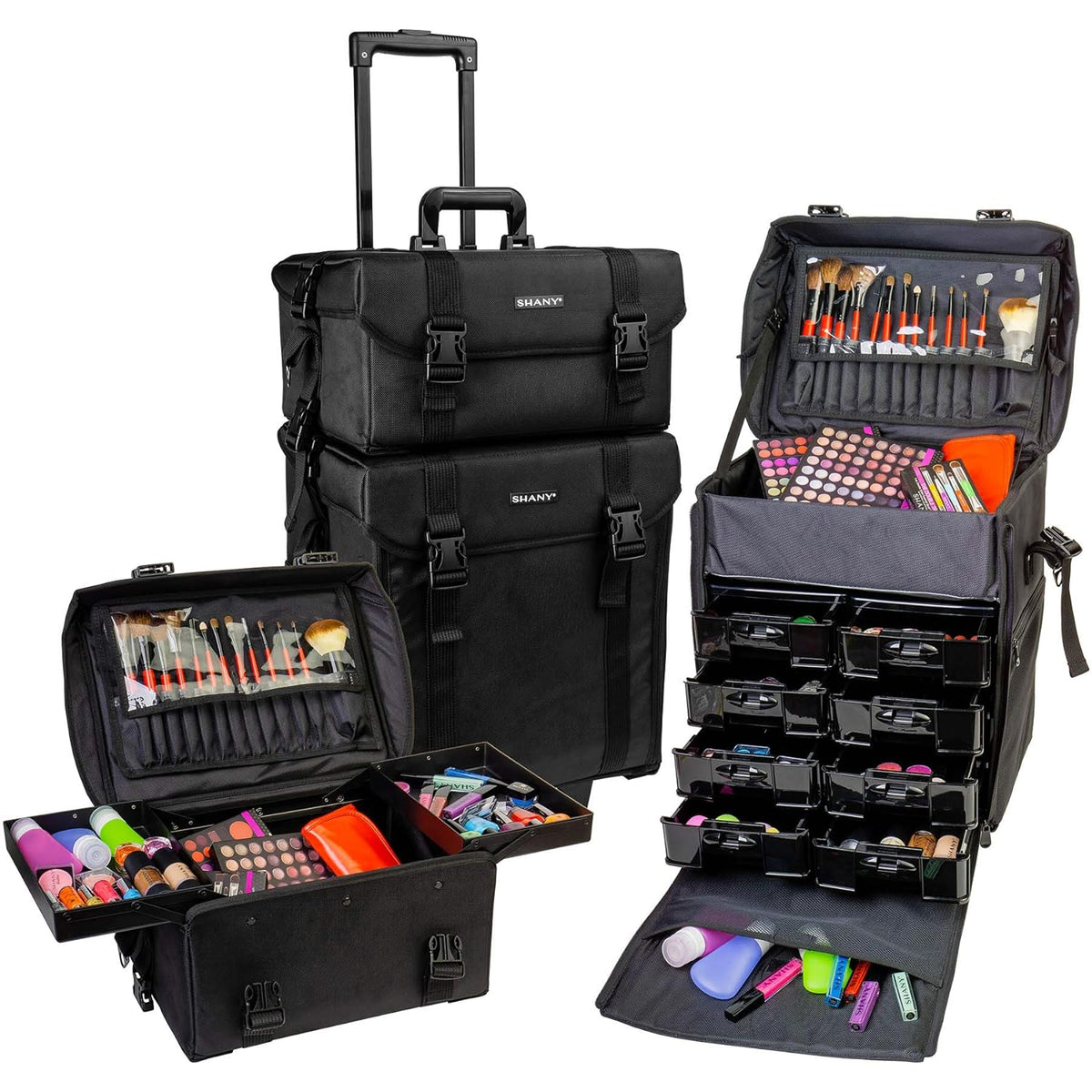 Maletín Cosmético de Vinilo Negro Azabache con Ruedas – Bolso de Viaje para Maquillaje