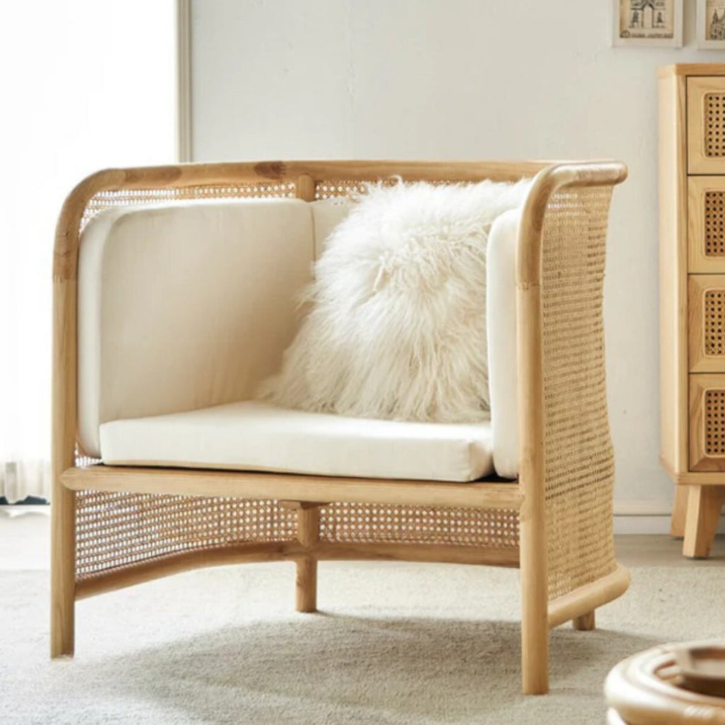 Ehan Solid Ash Wood & Rattan 1 Seater Sofa