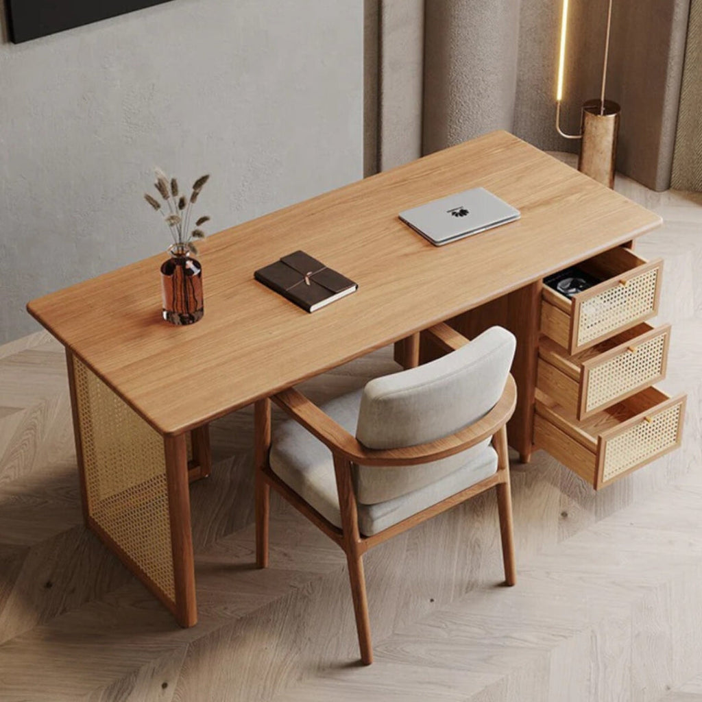 Ervin Solid Ash Wood & Rattan Office Desk
