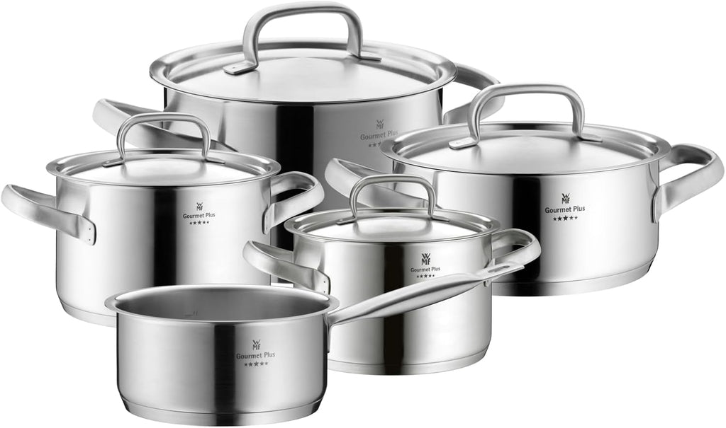 WMF Gourmet Plus - Batería de Cocina 5 Piezas, Acero Inoxidable Apto para Inducción, 1 Cacerola Baja de 20 cm, 3 Cacerolas Altas de 16 cm, 20 cm y 24 cm, 1 Cazo 16 cm con 4 Tapas de Acero Inoxidable