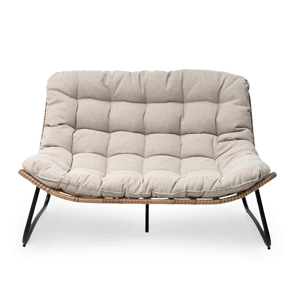 Causeuse double Papasan avec coussin, rotin PE tout temps et cadre en métal pour l'intérieur et l'extérieur