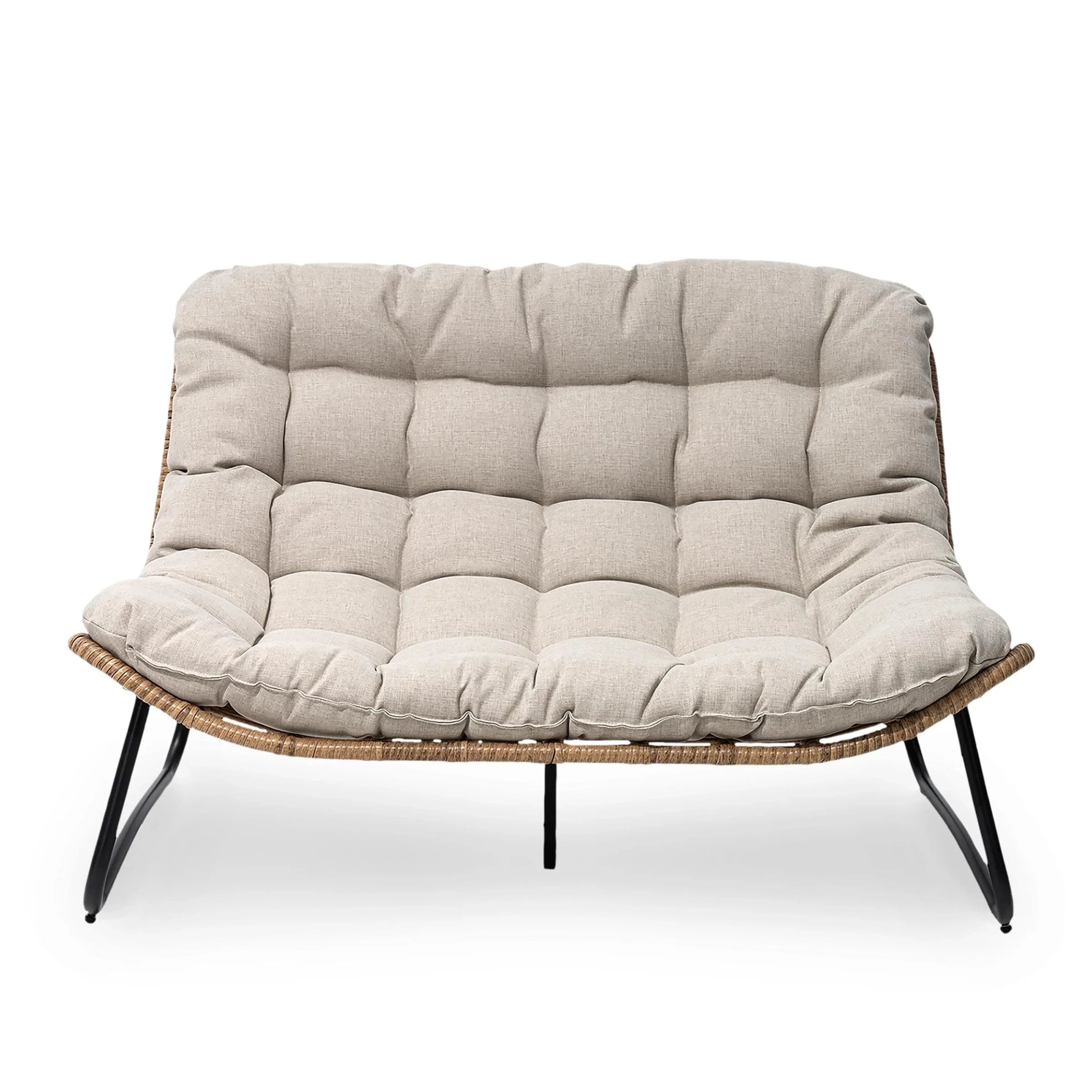 Causeuse double Papasan avec coussin, rotin PE tout temps et cadre en métal pour l'intérieur et l'extérieur