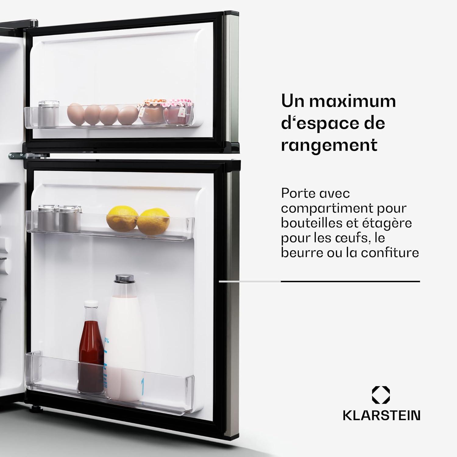 KLARSTEIN Big Daddy Cool - Frigo réfrigérateur, réfrigérateur combiné, Compartiment bouteilles, Bac légumes, Eclairage intérieur, Look moderne, Nettoyage facile, Pieds réglables, 86 L - Argent