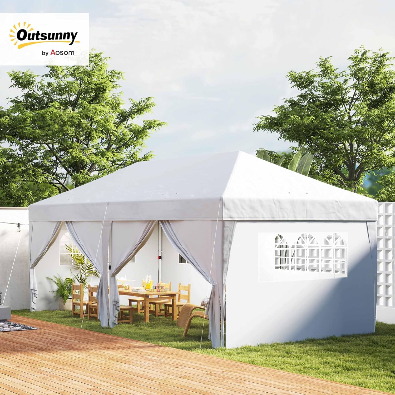 Outsunny tonnelle pliante 3x6m blanche, 6 parois, camping/festival