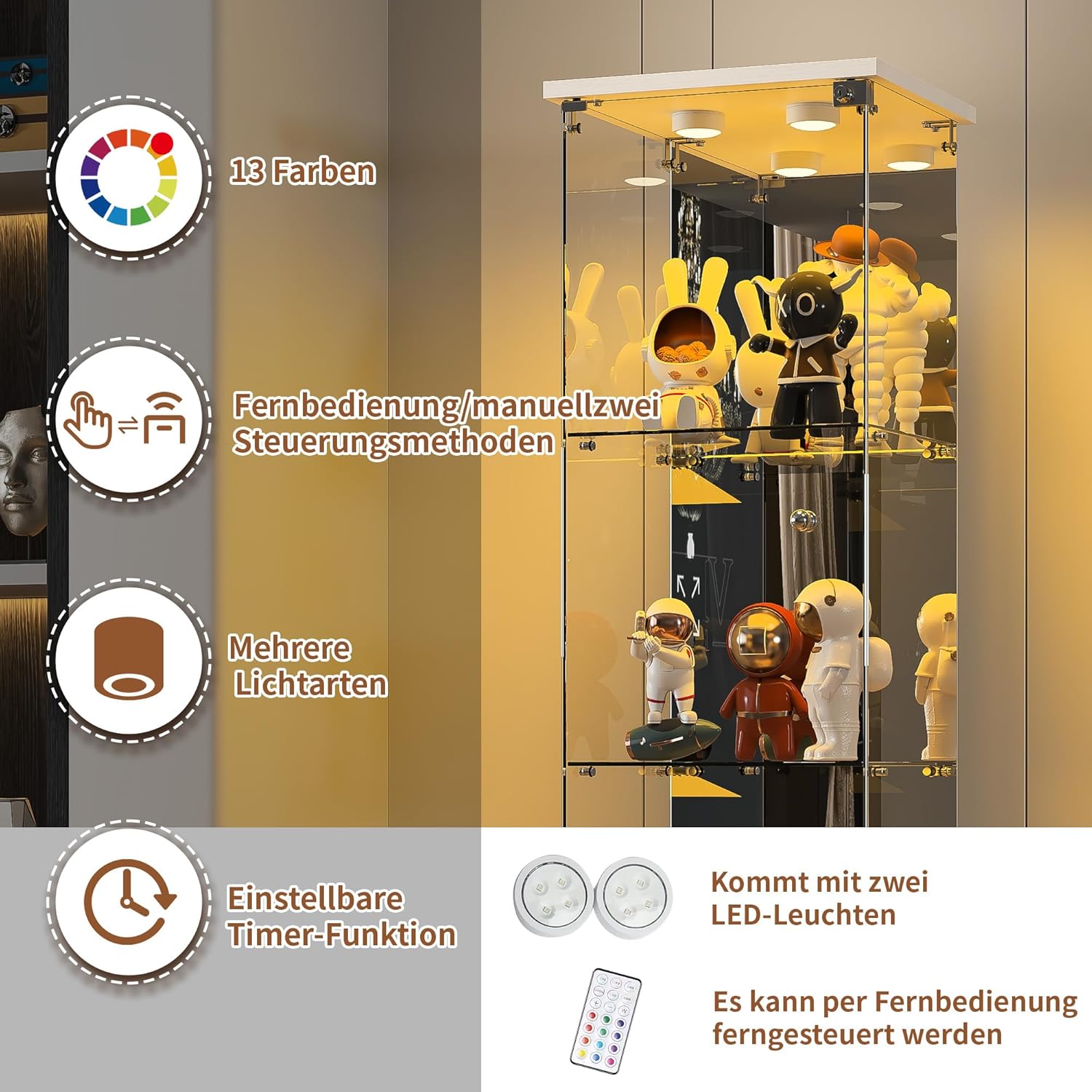 Vitrine sur pied en verre à 4 couches - 1 porte - Lampe LED et serrure avec paroi arrière miroir - Armoire de salon pour objets de collection et livres - Blanc