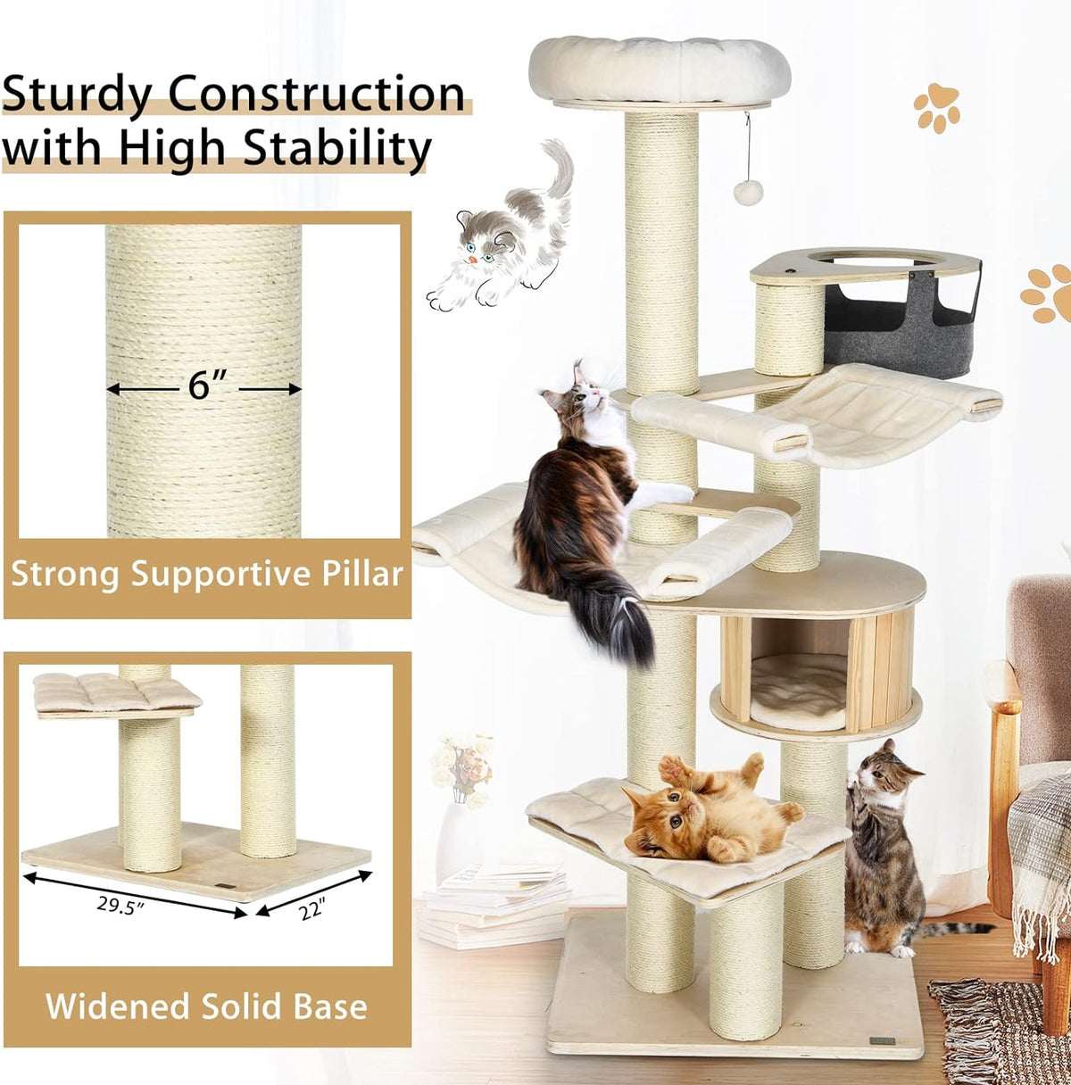 Árbol para Gatos Grande, Torre de Múltiples Niveles con Poste de Sisal, Hamaca, Cesta Colgante y Alfombrillas Desmontables y Lavables, Perfecto para Gatos Grandes