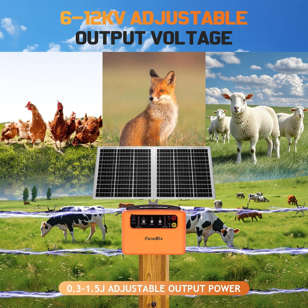 FarmNix 48KM Électrificateur Clôture Electrique Solaire, 6KV-12KV avec Panneau Solaire 15W & Batterie 7Ah 12V, 0.3-1.5J pour élevage d'animaux de berger, pour ferme, pâturage, jardin