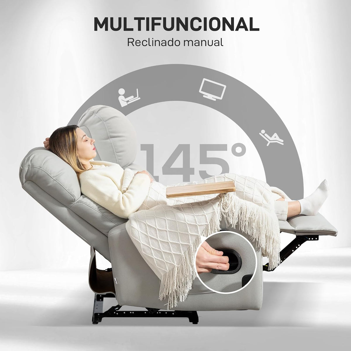 HOMCOM Sillón de Masaje con 8 Puntos de Masaje Sillón Relax Eléctrico Sofá Relax con 4 Modos Reclinación 145° Mando a Distancia Mesita 2 Bolsillos Laterales y Posavasos 77x93x105 cm Beige