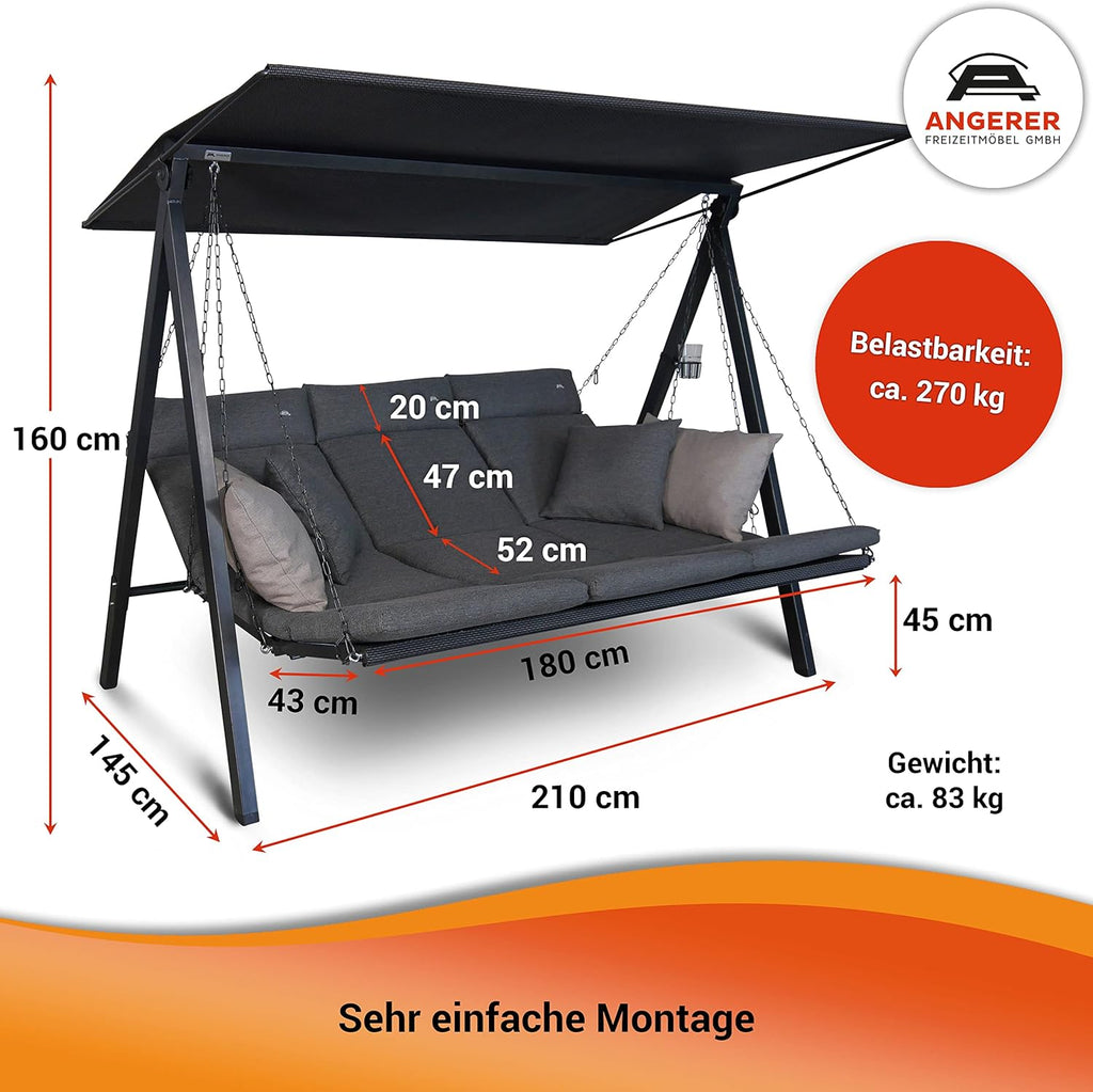 ANGERER Balancelle de Jardin Lounge Smart 3 Places, Acier Galvanisé, Toit Réglable, Position Assise et Allongée Réglable, avec Coussins et Textilène, pour Extérieur Smart Gris