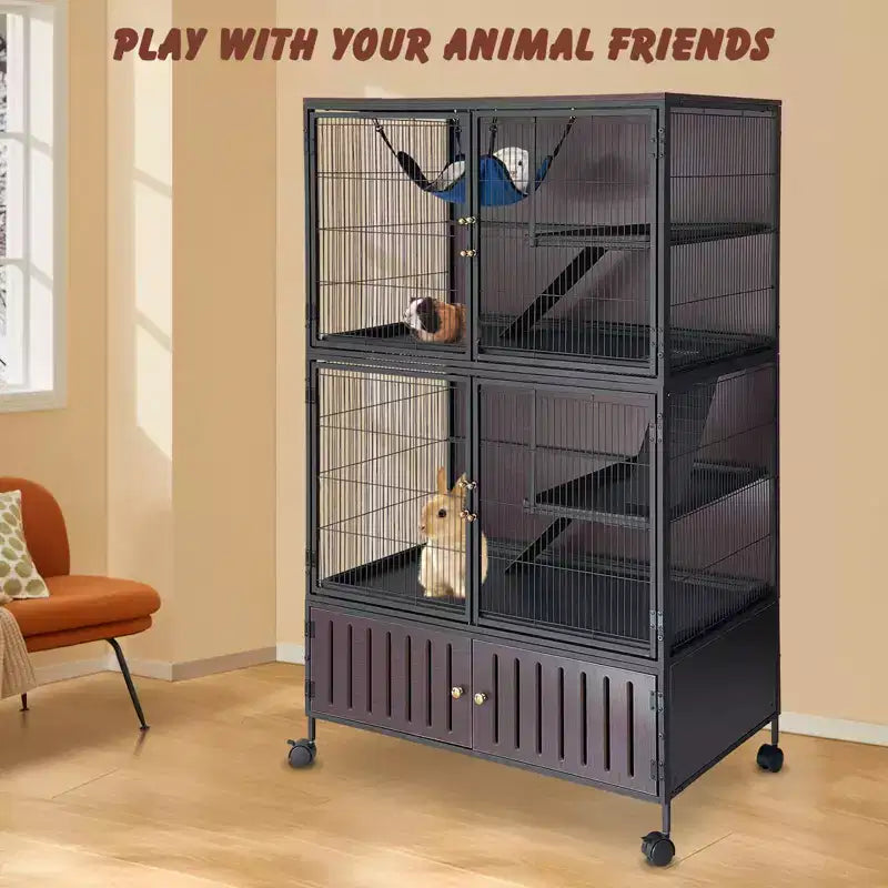 Small Animal Cage, Ferret Cage - 59'' 5-Tier Habitat with Storage Cabinet, Includes Hammock/Wheels/Removable Ramps/Easy-Clean Trays
