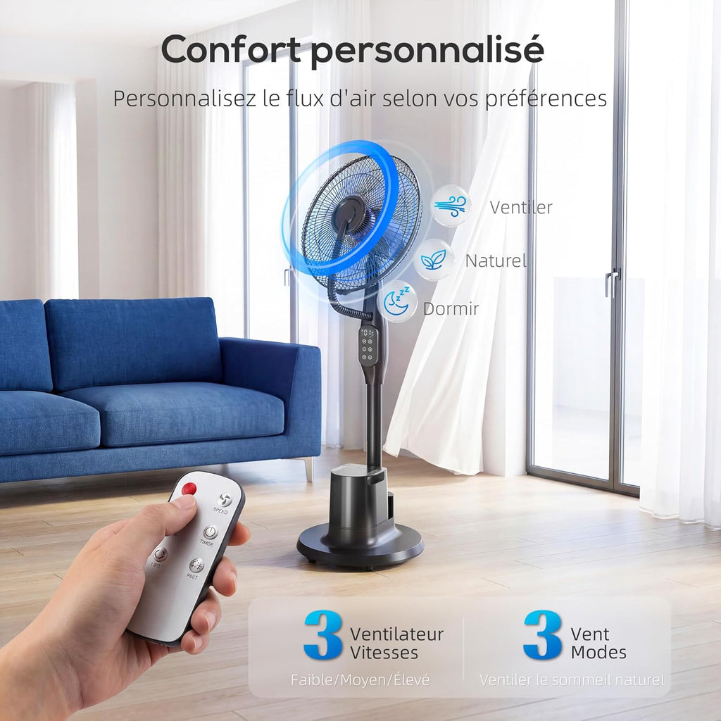 HOMCOM Ventilateur brumisateur silencieux 90 W, ventilateur sur pied 128 cm, oscillation 70°, 3 vitesses, 3 modes, réservoir d'eau 3,5 L, télécommande, minuterie 8 h, pour maison, bureau, noir
