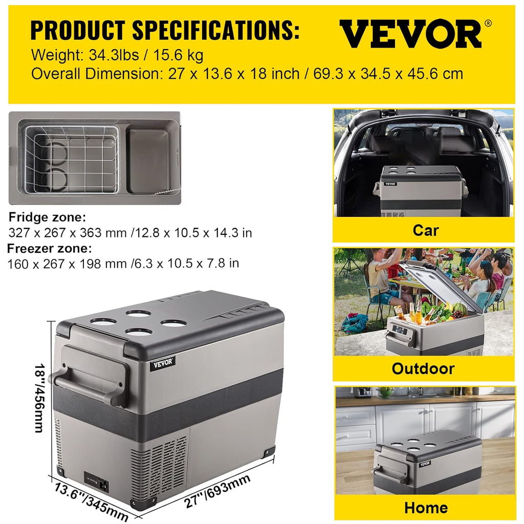 VEVOR Réfrigérateur Portable à Compression 45 L,Réfrigérateur de Voiture 693 x 345 x 456 mm，Mini Frigo Glacière Électrique 60W Réfrigération Rapide Conduite Sécurisée pour Maison/Voiture/Camping