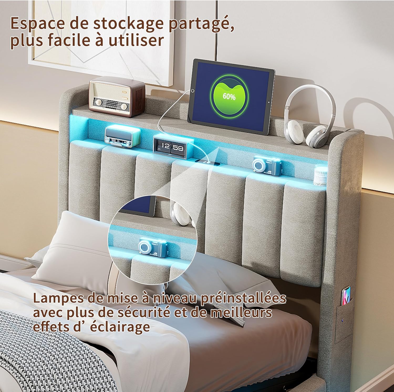 Lit Coffre 90x200 cm avec LED et Ports USB,Tête de Lits avec Rangement,Lit Double avec Sommier à Lattes, Facile à Assembler,pour Adultes et Adolescents,Velours (Gris, 90x200 cm)