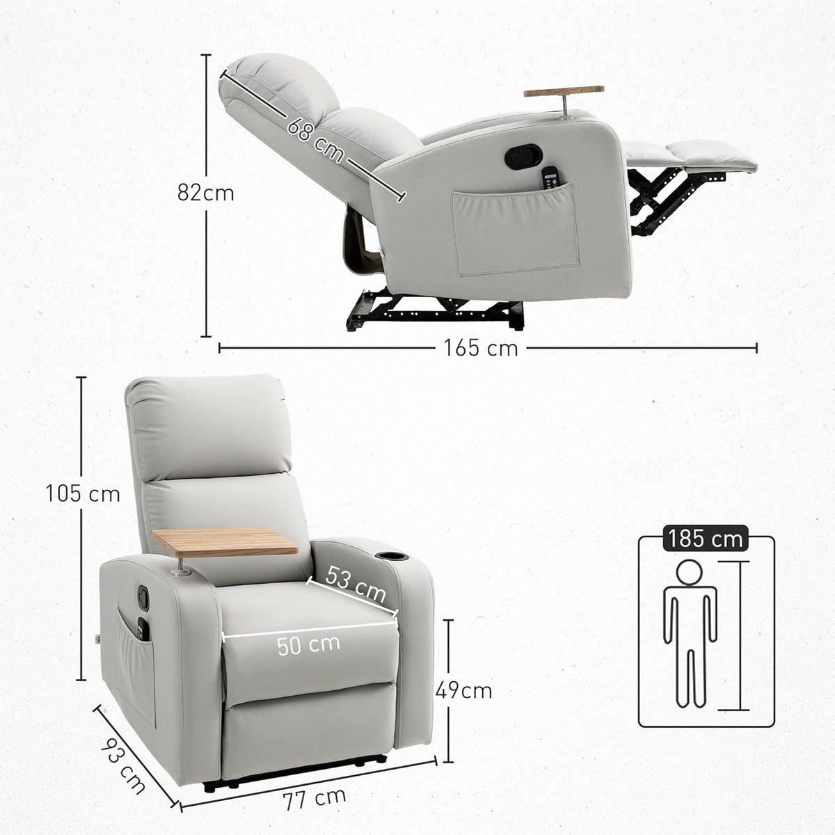 HOMCOM Sillón de Masaje con 8 Puntos de Masaje Sillón Relax Eléctrico Sofá Relax con 4 Modos Reclinación 145° Mando a Distancia Mesita 2 Bolsillos Laterales y Posavasos 77x93x105 cm Beige