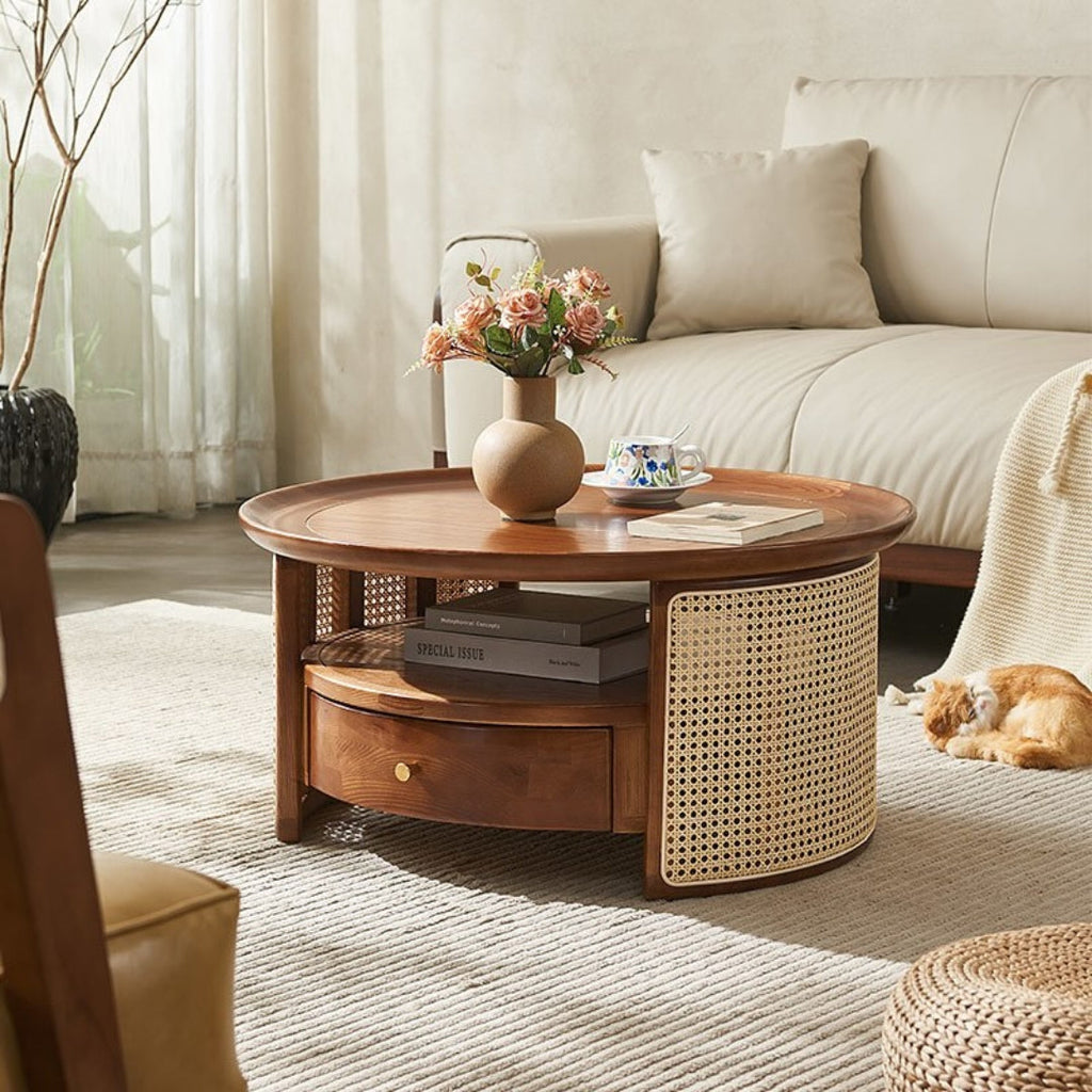 Joren Solid Ash Wood & Rattan Coffee Table
