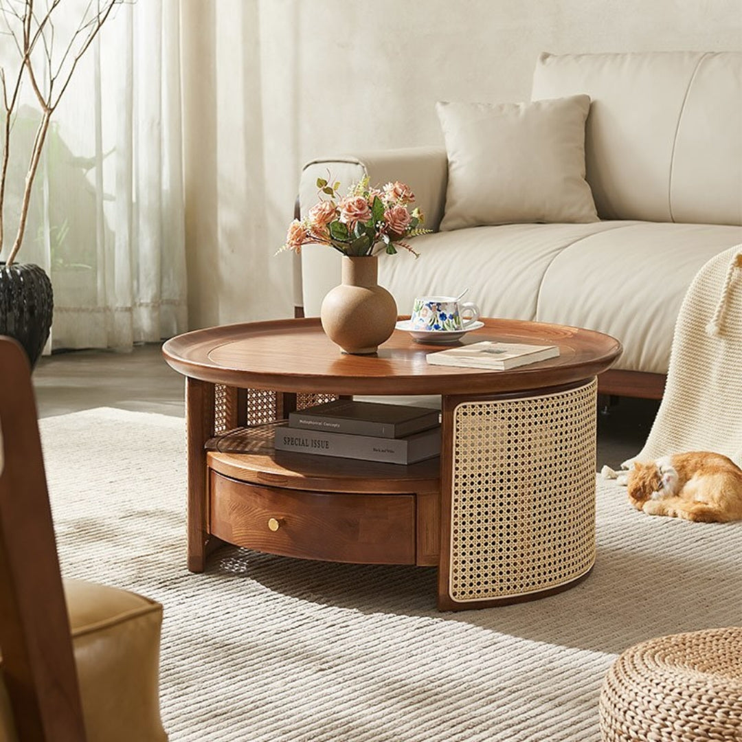 Joren Solid Ash Wood & Rattan Coffee Table