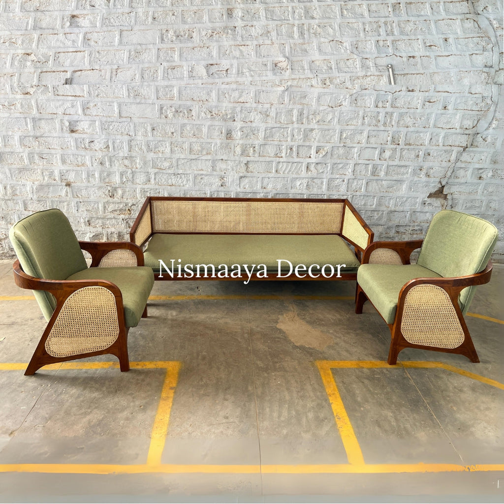 Marvin Solid Teak Wood & Rattan 3+1+1 Seater Sofa