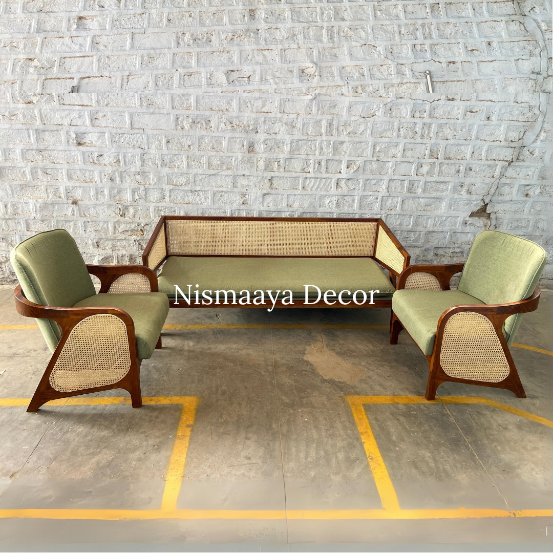 Marvin Solid Teak Wood & Rattan 3+1+1 Seater Sofa