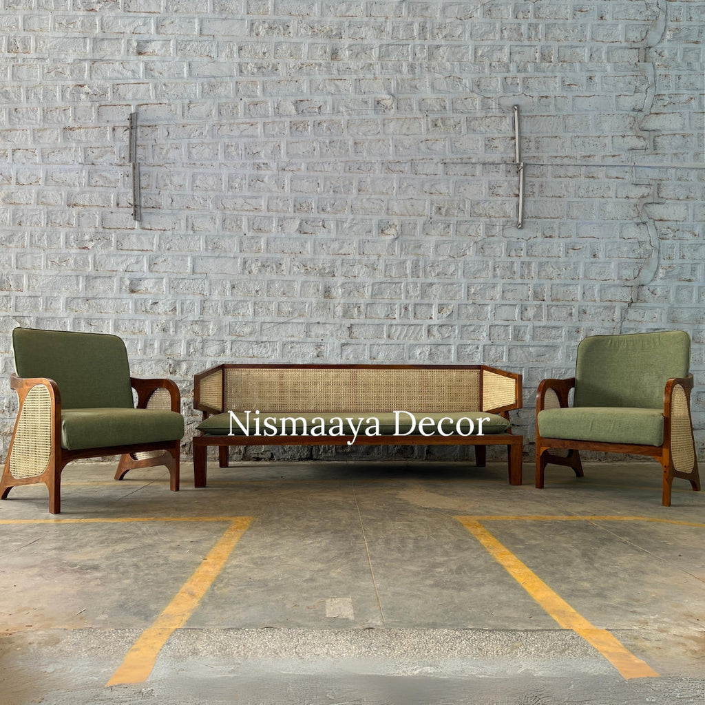 Marvin Solid Teak Wood & Rattan 3+1+1 Seater Sofa