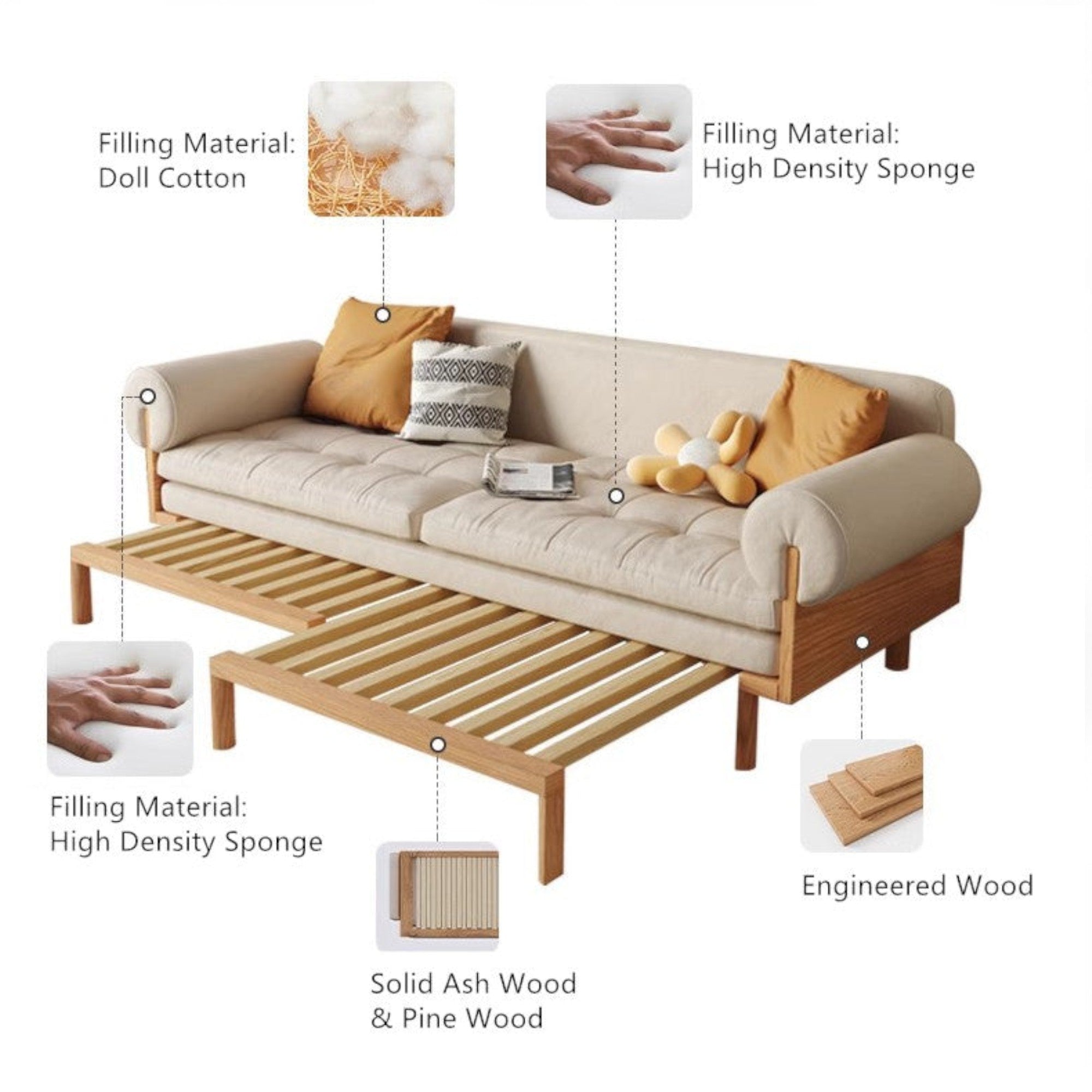 Japandi Solid Wood Recessed Arms Folding Sleeper Sofa Bed