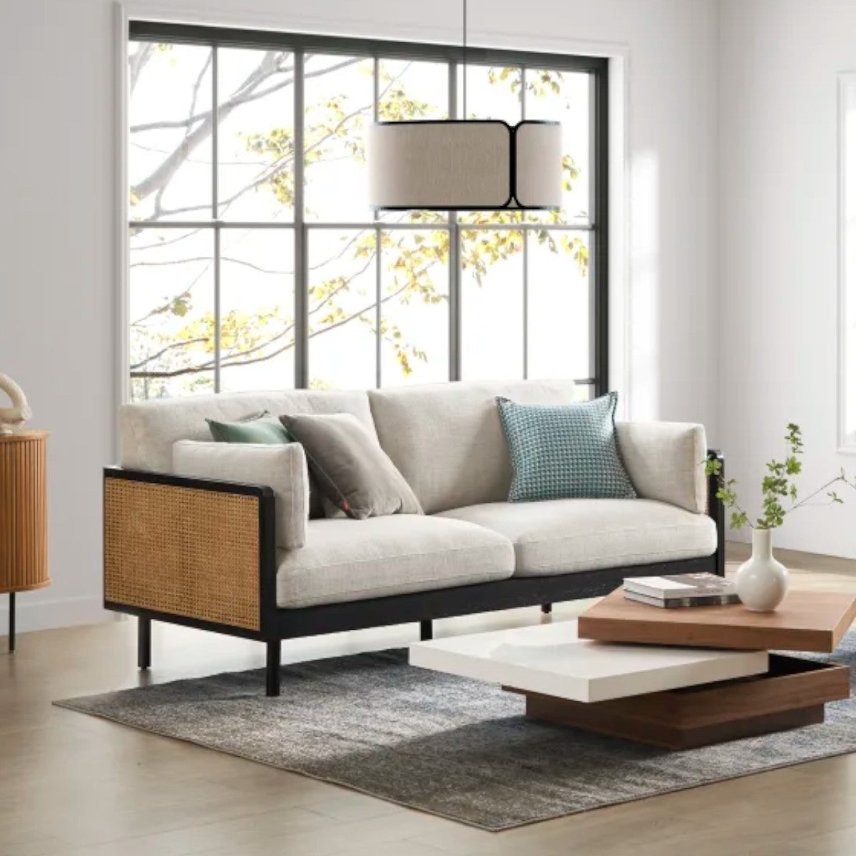Neci Solid Teak Wood & Rattan 3 Seater Sofa