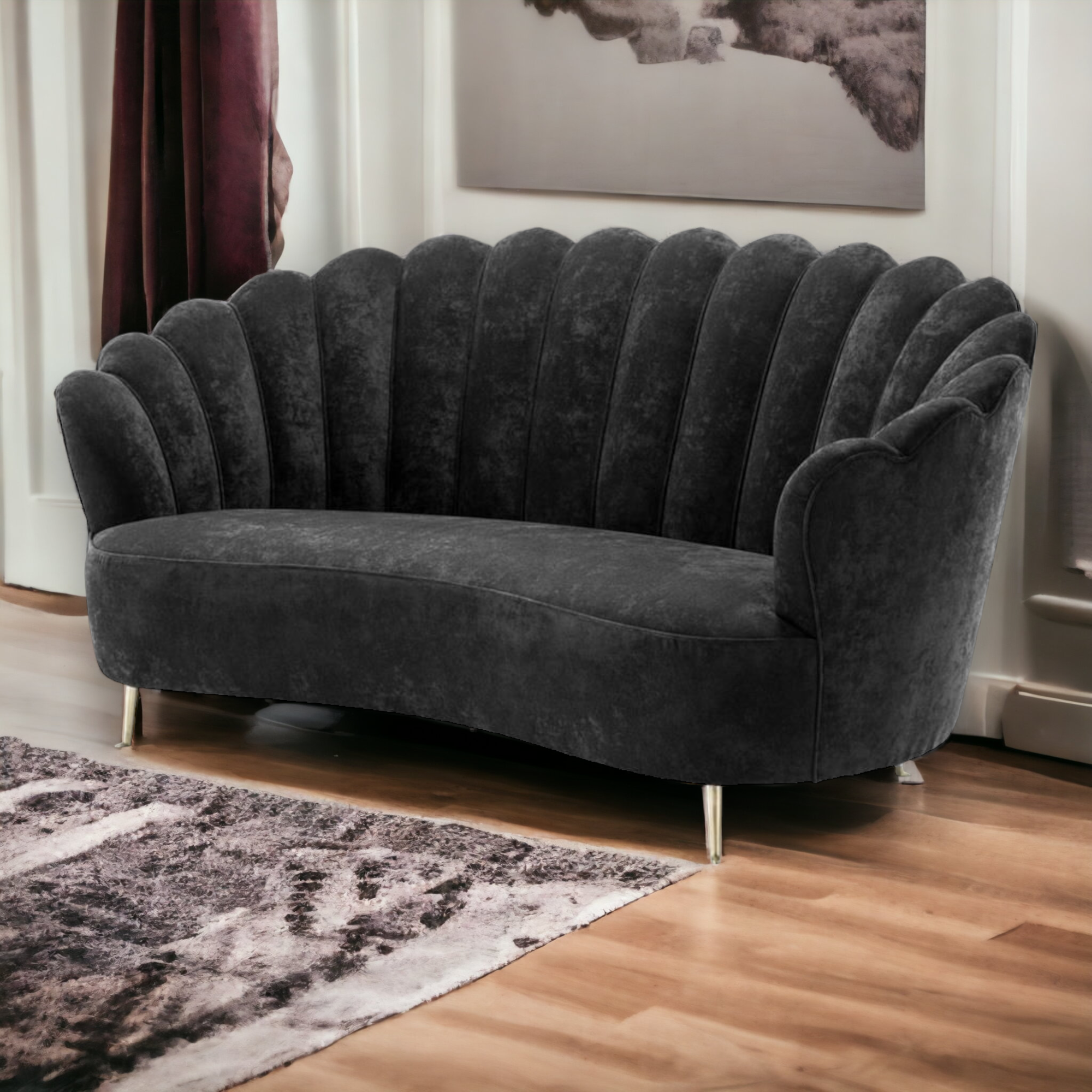 Nismaaya Adlai 3 Seater Black Velvet Sofa