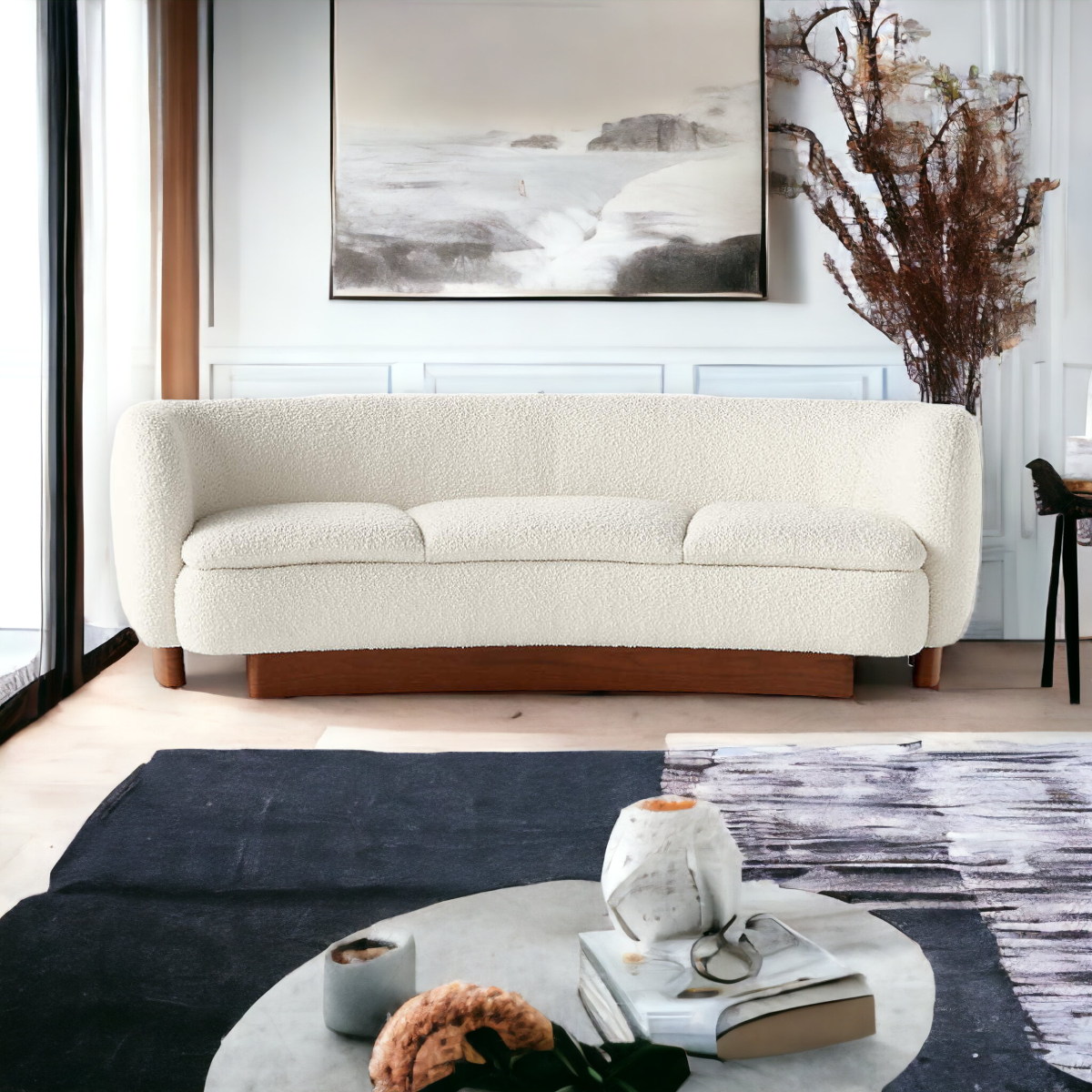 Alroy Curved 3 Seater Teak Wood & Boucle Sofa