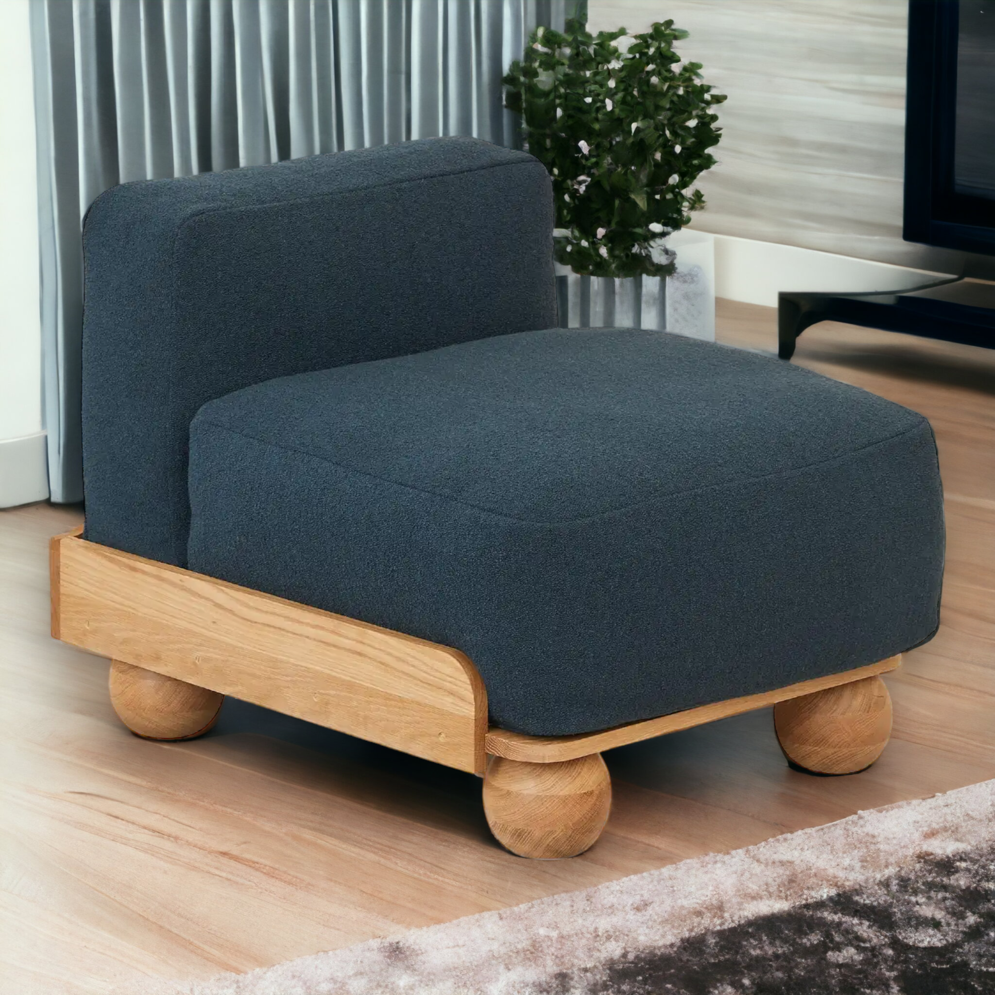 Batson Oak Wood & Velvet 1 Seater Sofa Dark Blue